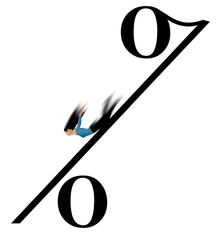 A woman slides down a percentage sign in an illustration about lower interest rate.