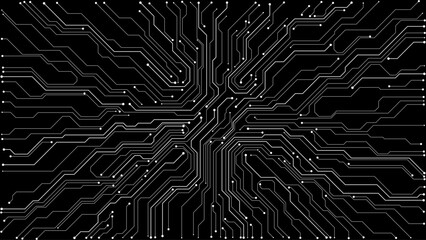 Black circuit board background featuring detailed electronic pathways and connection points, ideal for technology concepts and modern digital illustrations. Digital vector illustration