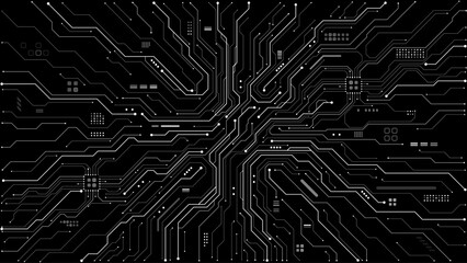 Electronic circuit board pattern on black background with intricate pathways and connections, perfect for tech projects and digital designs without mounted chips. Digital vector illustration