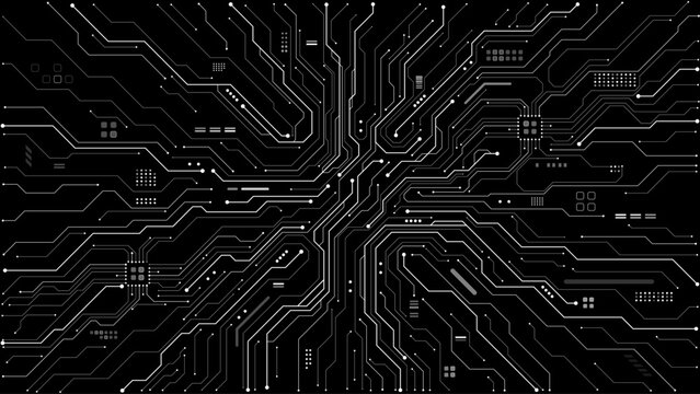Electronic circuit board pattern on black background with intricate pathways and connections, perfect for tech projects and digital designs without mounted chips. Digital vector illustration