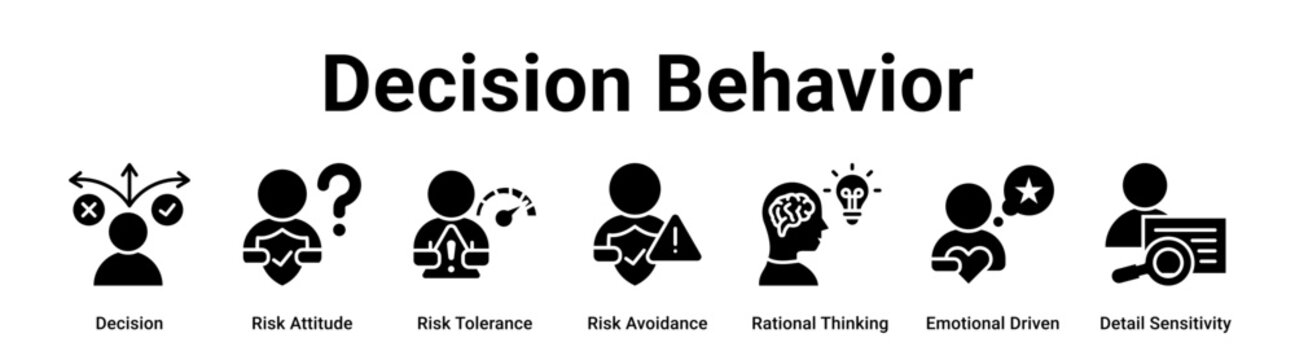 Decision Behavior web banner icon vector illustration concept for business with icon of Decision, Risk Attitude, Risk Tolerance, Risk Avoidance, Rational Thinking, Emotional Driven, Detail.