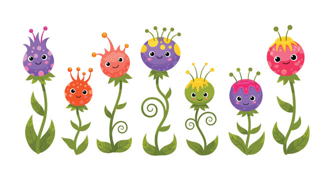 A whimsical collection of cute and colorful cartoon monster flowers with happy smiling faces, long stems, and green leaves on a white background.