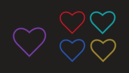 Glowing Neon Heart Composition with One Large and Four Small Hearts