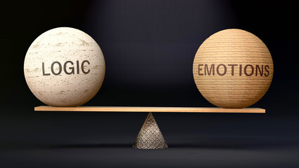 Emotions and logic in balance - balancing stones on a scale symbolizing harmony, equity and equilibrium between logic and emotions. Harmonious and beneficial situation. ,3d illustration