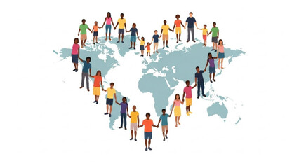 Naklejka premium Diverse group of people from around the world standing on a map holding hands in unity and friendship