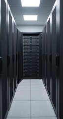 Cloud Computing Server Room With Blue Neon Lights