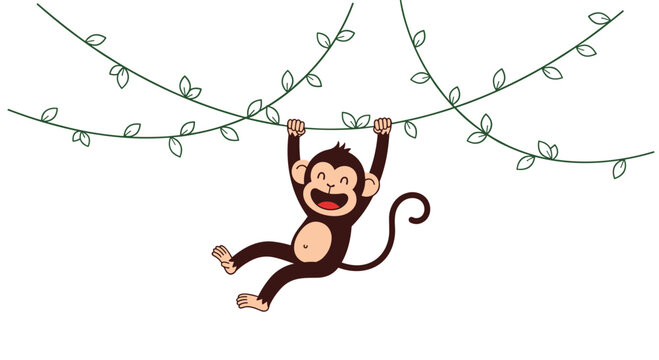A happy and playful cartoon monkey character smiling while hanging from a jungle vine, isolated on a clean white background.