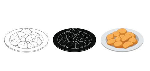 Iftar Plates of Sweet Treats Vector Set in Three Styles &mdash; Line Art, Silhouette and Color Version for Islamic Design, App UI, Posters and Branding	