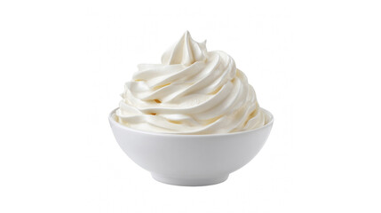 Creamy soft serve ice cream swirl in a pristine white bowl against a stark transparent background