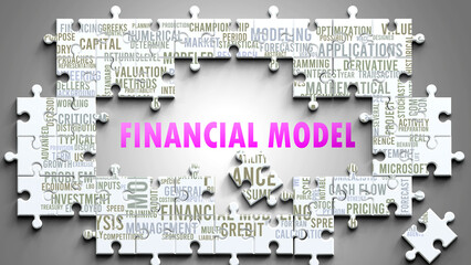 Financial Model as a complex subject, related to important topics. Pictured as a puzzle and a word cloud made of most important ideas and phrases related to financial model. ,3d illustration