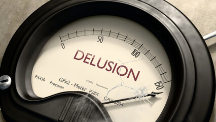 Delusion meter showing high levels of delusion. Dangerously increasing values of delusion, critical overload. Too much, off the charts. Max delusion ,3d illustration