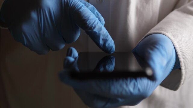 Gloved Finger Tapping Smartphone Screen For Appointment Confirmation, CloseUp Of Receptionist Hands In White Coat, Touchscreen Interaction With Booking App, Schedule Check, Contactless