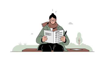 Person checking off tasks on a list while sitting outdoors in a park