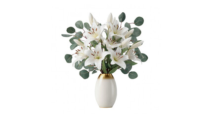 White lilies and eucalyptus bouquet in an elegant vase for home decor