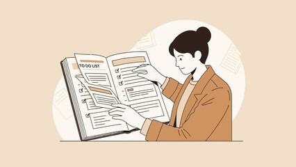 Woman checking her to-do list in a planner, organized planning concept