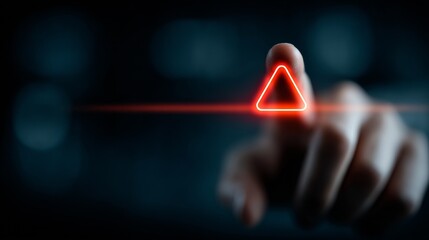 Finger touches glowing red triangle warning symbol on dark futuristic interface, signaling critical alert or urgent decision point