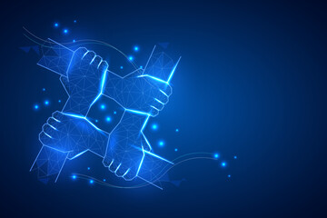 Four glowing polygonal hands gripping each other&rsquo;s wrists in a square formation, symbolizing teamwork, unity, and digital collaboration. Ideal for tech, network, and community-themed visuals.