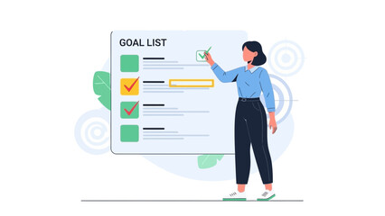 Woman checking off goals on a list, business planning and achievement concept.