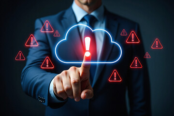 Man in suit pressing a glowing cloud with exclamation mark and red warning triangles transparent background