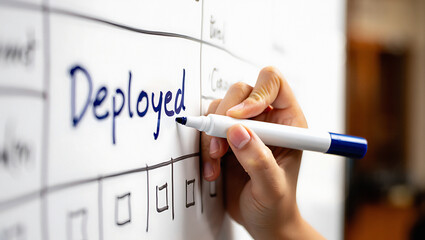 Hand writing Deployed on a whiteboard with a blue marker transparent background