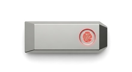 Sleek silver biometric fingerprint scanner with glowing red fingerprint icon on white background security