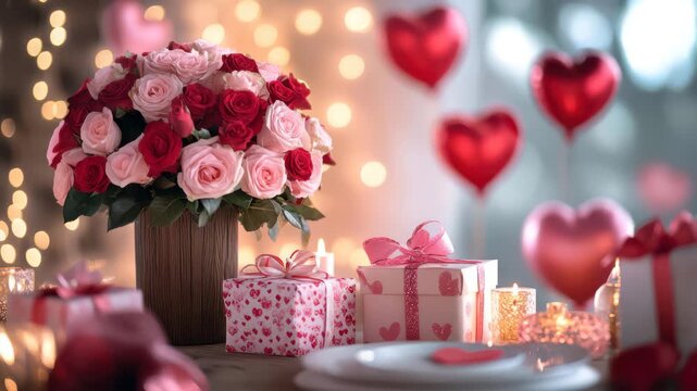 Cinematic romantic valentines day scene with bouquet of roses and floating heart balloons in soft bokeh lighting