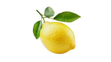 Fresh vibrant yellow lemon with natural green leaves, isolated on a stark transparent background