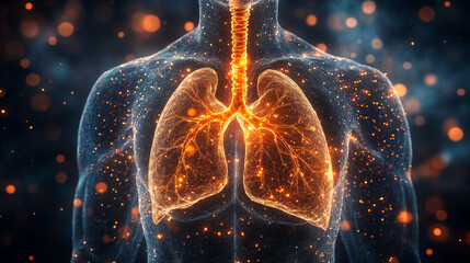 Human lungs and respiratory system glowing with orange light particles, digital anatomy visualization for medical healthcare concept