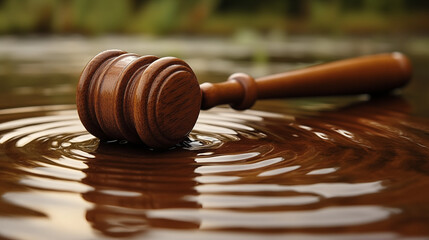 Wooden gavel touching water surface with ripples, justice and environmental law concept symbolizing legal impact and consequences