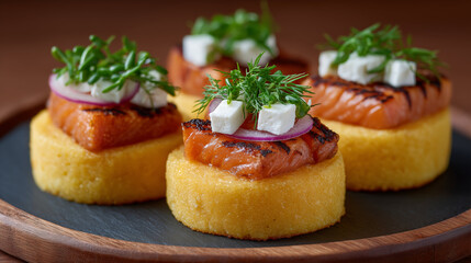 Grilled salmon appetizers on polenta rounds topped with feta cheese and dill, gourmet seafood canapes served on slate for culinary presentation