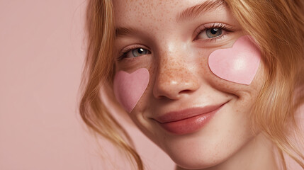 Smiling young woman with pink heart patches on cheeks &mdash; beauty and Valentine&rsquo;s Day concept