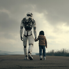 Child Holding Hands with Humanoid Robot on Road Under Cloudy Sky, Symbolizing Companionship, Exploration, and the Future of Technology, Copy Space

