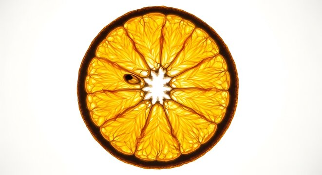 Translucent orange slice backlit with bright white light revealing internal structure and dark rind - Powered by Adobe