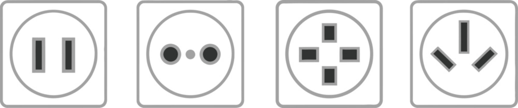 Flat design set of 4 power socket standards type a type c type g and type i wall