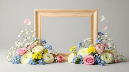 Beautiful floral arrangements with roses and baby's breath surrounding wooden frame, pastel colors