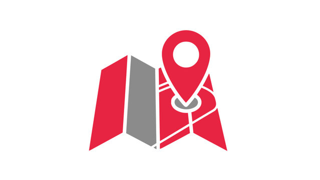 Red map icon with location pin on folded navigation chart symbol