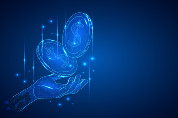 Polygonal hand reaching for digital dollar coins in a futuristic blue space. Symbolizes cryptocurrency, virtual finance, and secure digital transactions. Ideal for fintech and blockchain visuals.