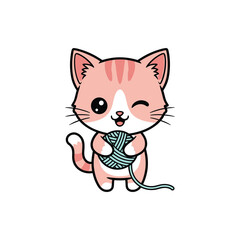 Adorable Cartoon Cat with Yarn Ball Illustration