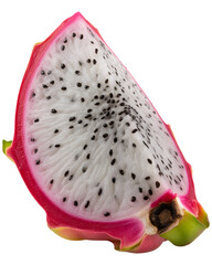 Pitaya Dragon Fruit Half Cut Open Reveals White Flesh Black Seeds Pink Skin Green Stem on transparent background
