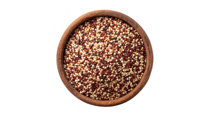 Healthy and nutritious tri-color quinoa blend served in a rustic wooden bowl against a transparent background