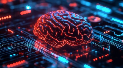 A glowing red brain sits on a futuristic circuit board with blue and red lights