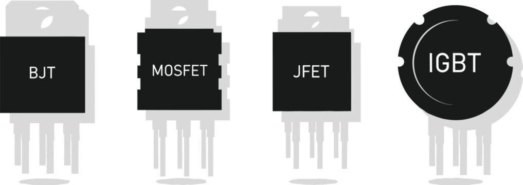 Flat design set of 4 transistor shapes bjt mosfet jfet and igbt electronic components