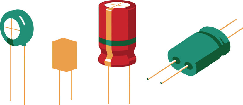 Flat vector set of 4 capacitor types ceramic capacitor electrolytic capacitor tantalum and film capacitor