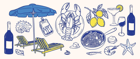 Italian seafood and drinks vector set with summer naive line of shells, wine, homemade pasta, snails, mussels and lemons, hand drawn doodle sketch elements for wedding invitation or party design © RIO TOO