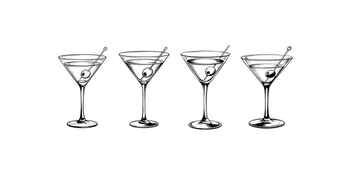 Four martini cocktail glasses with olives shown in engraved style drawing