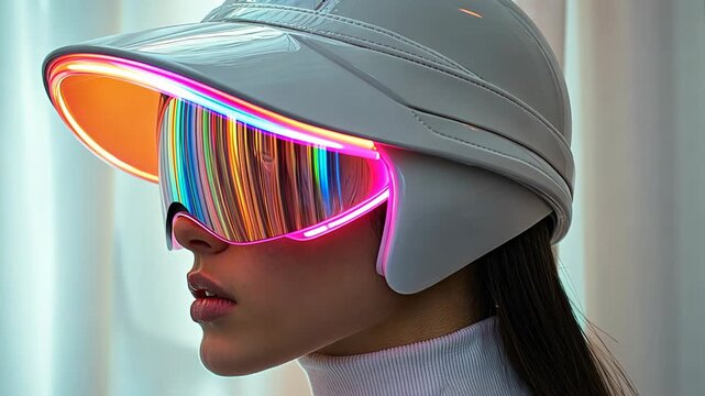Close-up of woman wearing futuristic helmet with glowing visor and neon lights.