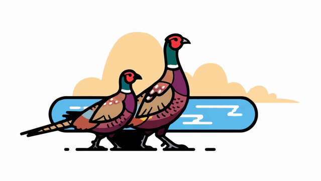 Two pheasants stand near a body of water with muted orange shapes in the background