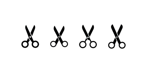 Set of four simple black and white line art vector icons depicting sharp open scissors