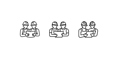 Three different outline icons of construction workers or engineers reviewing blueprints or plans together