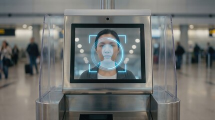 Facial recognition technology in use at airport security checkpoint, showcasing biometric scanning process with modern digital interface and travelers in background